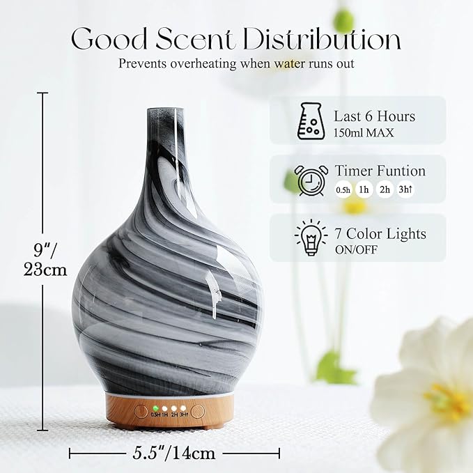 Porseme 150ml Essential Oil Diffuser Glass Color Changing Aroma Air Diffusers Aromatherapy Ultrasonic Cool Mist Humidifier 6 Running Hours Waterless Auto-Off for Sleeping, Yoga, Office, Spa (Ink)