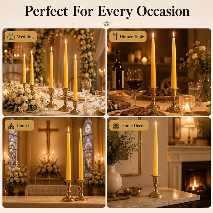 10inch Beeswax Taper Candles 12 Pack Natural Pure Beeswax Candlesticks Smokeless 9 Hour Long Burning Time Tapered Beeswax Candle Sticks Bees Wax Candle for Home Prayer