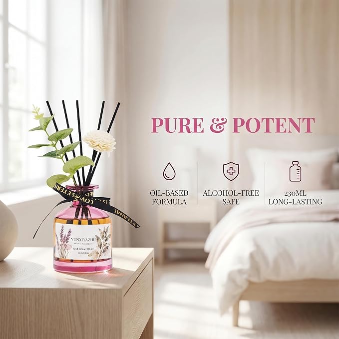 Reed Diffuser, Rose, 7.78 fl oz, Oil-Based Alcohol-Free Flameless Fragrance for Home Decor