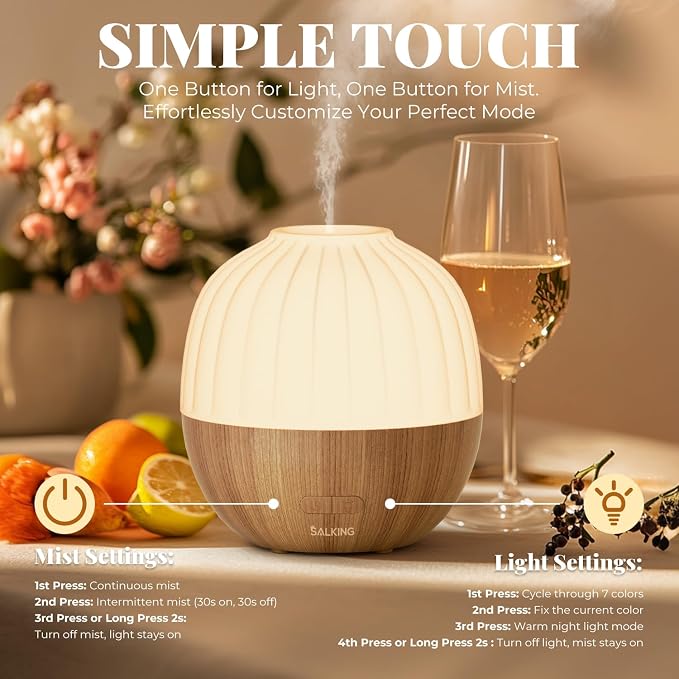 SALKING Essential Oil Diffuser, 300ml Aromatherapy Diffuser for Essential Oils, Ultrasonic Diffuser with Adjustable Mist Mode Timers, Cool Mist Humidifier with 8 Color Lights, for Office Home