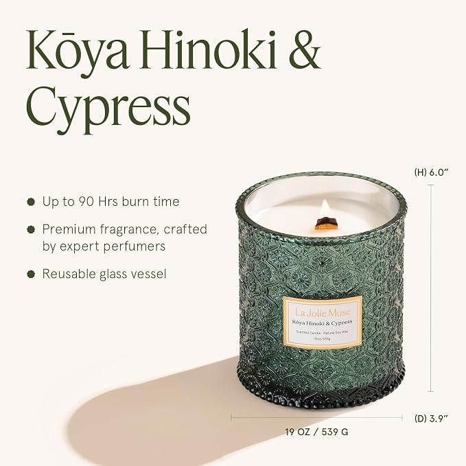 LA JOLIE MUSE Hinoki & Cypress Scented Candle for Home | Pine & Cedarwood | Christmas Winter Holiday | 19 oz Non Toxic Natural Soy | Large Green Jar Candle | Luxury Gifts for Women & Men | Wood Wick