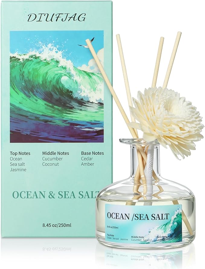 8.45 oz Salt Scent Diffusers with 6 Reed Sticks,250ml Reed Diffuser for Bathroom Room Air Freshener, Last up for 50 Days