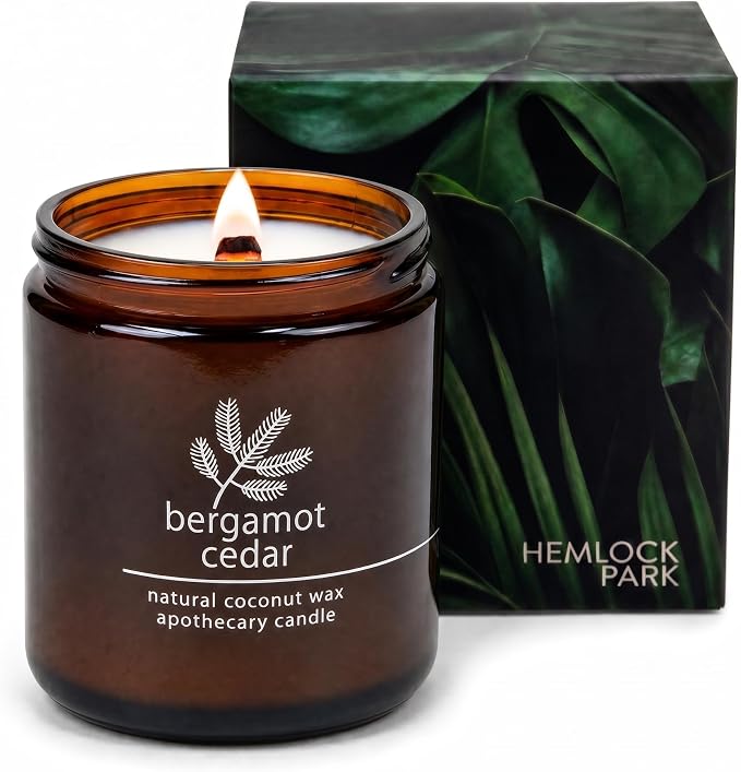 Hemlock Park Bergamot Cedar Apothecary Scented Candle | Crackling Wood Wick, Botanical Fragrance & Coconut Apricot Wax | Up to 60 Hour Burn Time | 8 oz | Made in USA