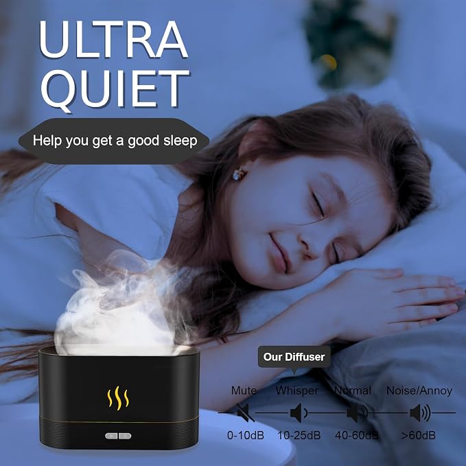PIZAY Essential Oil Diffuser, Flame Air Humidifier with Fire Led Light - 2 Rightness, 180mL Capacity (8 Hours), Auto-Off Protection Air Diffuser for Home Bedroom Office Gifts(Black)