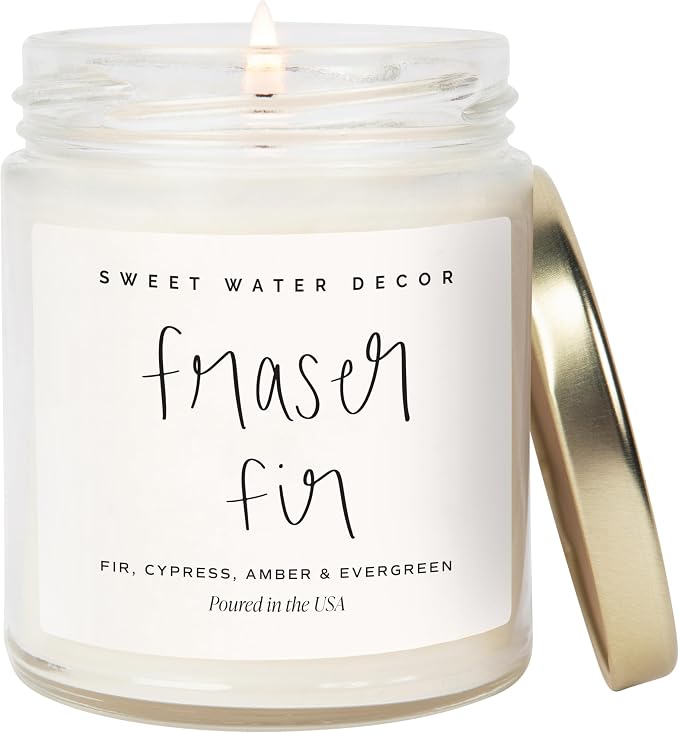 Sweet Water Decor Fraser Fir Candle - Evergreen, Cedar, Winter Holiday Scented Soy Christmas Candles for Home - 9oz Clear Jar, 40 Hour Burn Time, Made in the USA