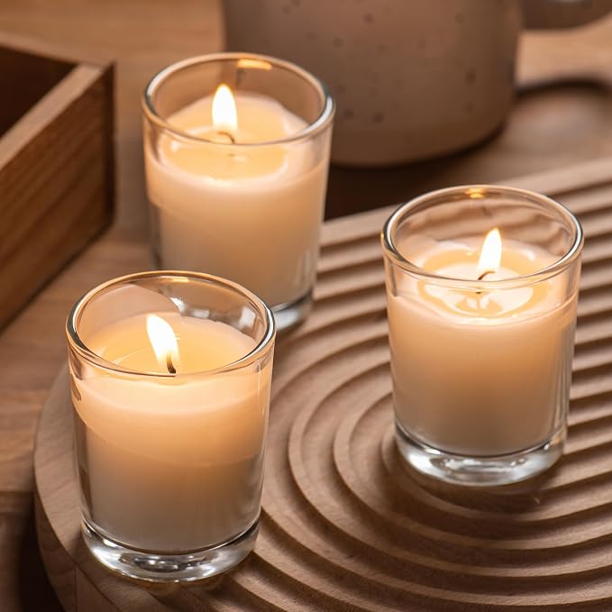 Housecret 48 Pack Warm White Unscented Clear Glass Filled Votive Candles. Hand Poured Wax Candle Ideal Gifts for Aromatherapy Spa Weddings Birthdays Holidays Party
