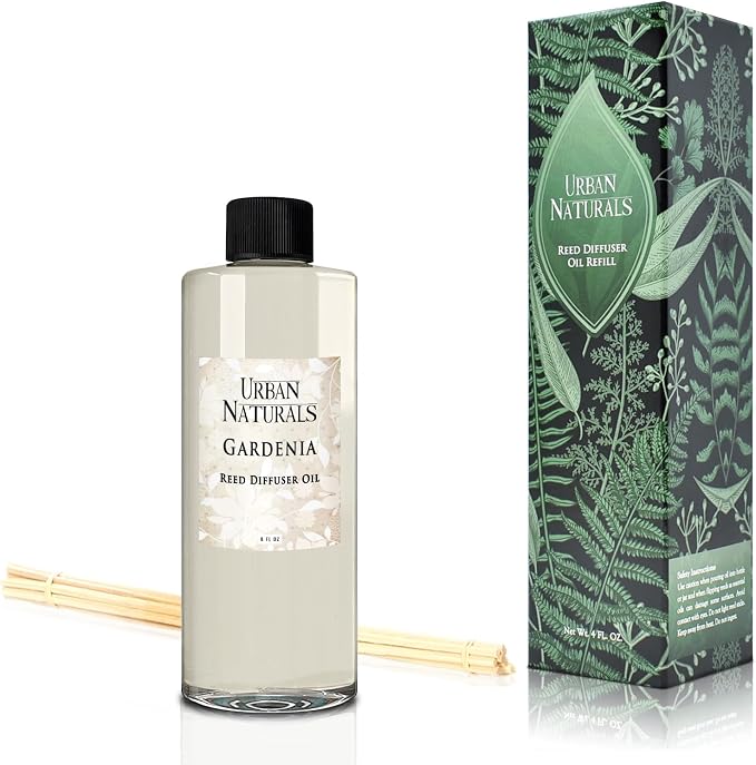 Urban Naturals Reed Diffuser Oil Refill Gardenia with Jasmine, Ylang Ylang, Tuberose, Amber 8 oz + Free Reed Sticks, Made in the USA
