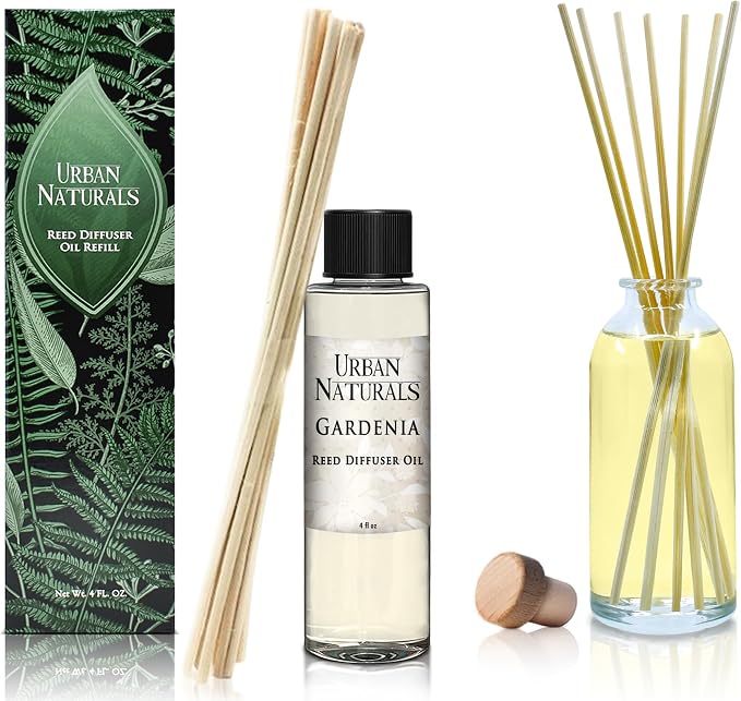Urban Naturals Gardenia Scented Oil Reed Diffuser Refill | Includes a Free Set of Reed Sticks! Jasmine, Ylang Ylang, Tuberose & Amber Notes, 4 oz (2 Pack)