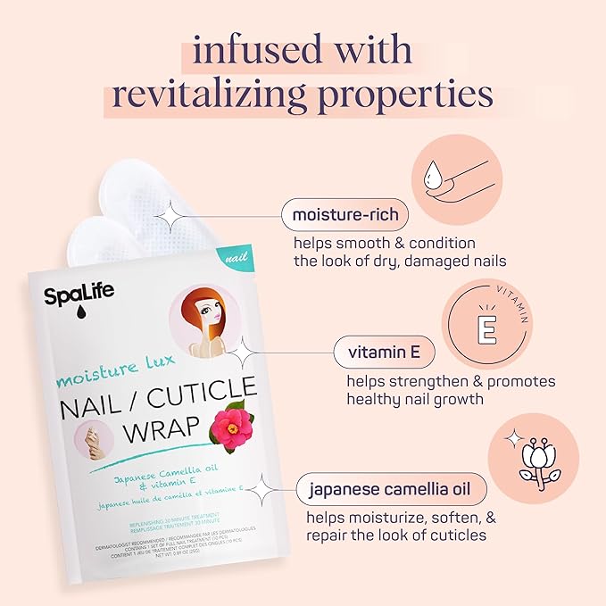 SpaLife Japanese Camellia Oil & Vitamin E Nail Cuticle Wrap 6-Pack (60 Count) - Moisturizing Masks, Dermatologist Recommended, Hydrating Cuticle Repair Mask for Brittle Nails, Spa Treatment