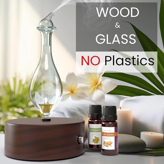 ArOmis Premium Glass Essential Oils Nebulizer - Waterless Diffuser for Aromatherapy - Handmade Oil Diffuser, Wooden Base, No Plastic, No Heat, No Battery, No LEDs - Solum Nox Merus