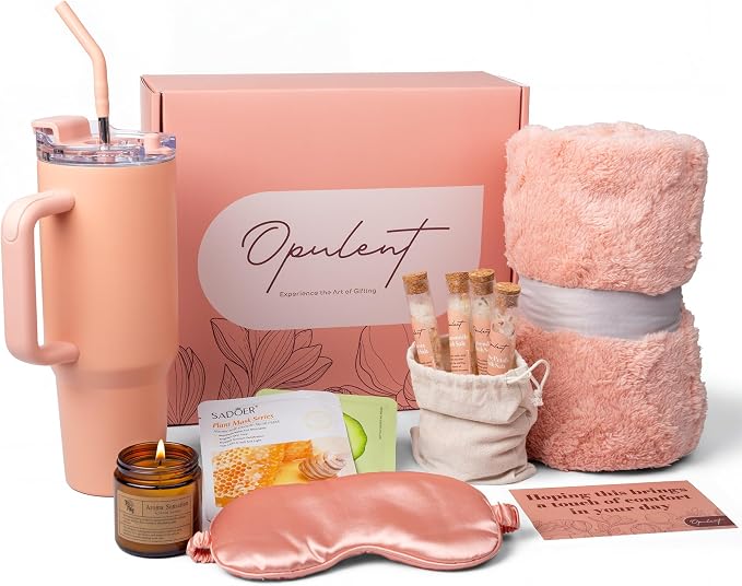 Opulent Luxury Self Care Gift Package for Women, 40oz Tumbler, Cozy Blanket | Gift-Ready Spa Set for Get Well, Thinking of You & Corporate Gifts for Employees & Clients - Candle, Bath Salts & Sleep Mask