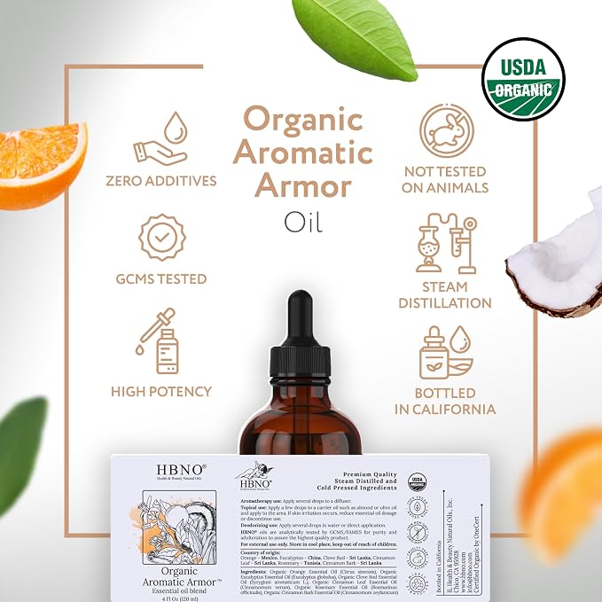 HBNO Organic Aromatic Armor Blend (Comparable to Thieves) - 4 oz (120ml) Value Size - Natural Essential Oil Blend - Perfect for Cleaning, Aromatherapy, DIY, Soap and Diffuser