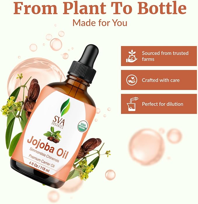 SVA Jojoba Seed Oil Organic - 4 Fl Oz – 100% Natural Cold Pressed Organic Jojoba Oil - for Face, Skin Care, Hair Care, Scalp Massage & Body Massage – Carrier Oil with Dropper