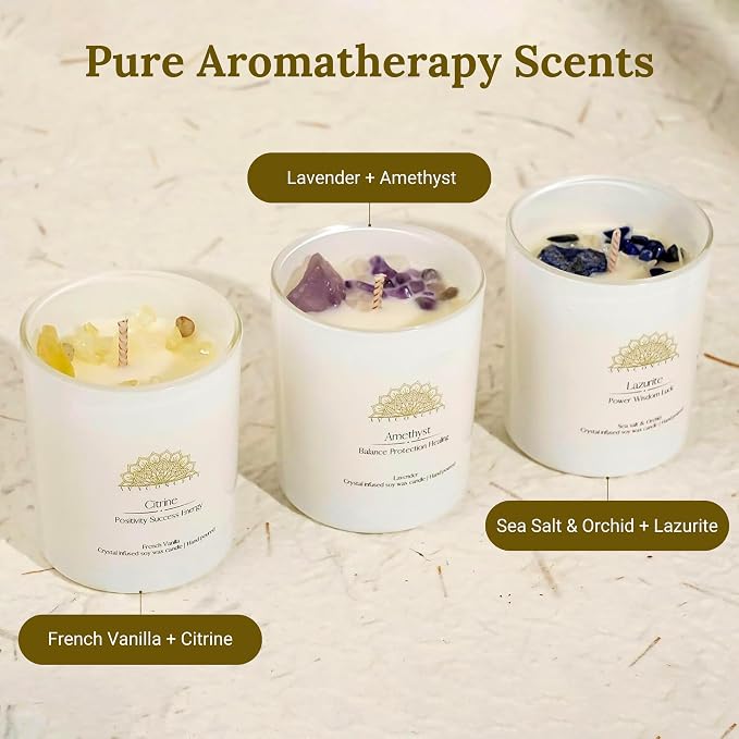 AvaConcept Healing Crystal Candle Gift Set – Set of 3 Citrine, Amethyst & Lazurite Hand-Poured Soy Wax French Vanilla, Lavender & Sea Salt Orchid Aromatherapy Scents 3.5oz Each | Premium Gift Box
