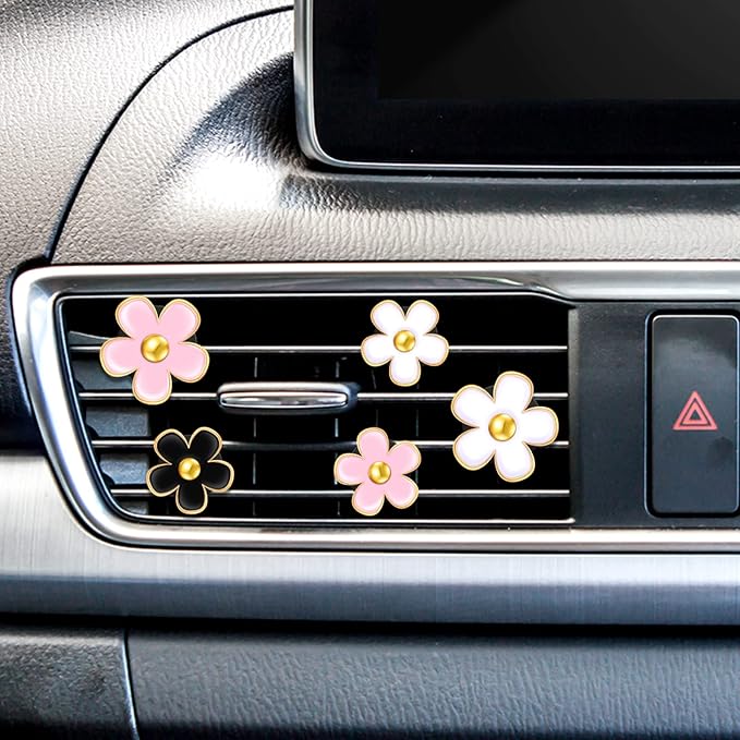 Frienda 6 Pcs Daisy Flower Air Vent Clip Accessories Air Conditioning Outlet Clip Car Air Freshener Dashboard Accessories Charm Car Inter Decor(3 cm, 3.3 cm,Black, Pink, White)