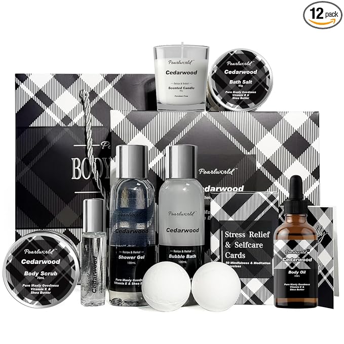 12Pcs Men's Spa Gift Set - Cedarwood Bath & Body Care Kit, Home Spa Set with Natural, Perfect Gifts for Men - Father's Day, Birthday, Valentine's & Christmas