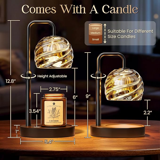 WarmEmbrace Candle Warmer Lamp with Lavender Candle Set, Electric Wax Warmer Lamp with Auto Timer & 4 Dimmable Lights, Adjustable Height for Jar Candles, ElegantValentines Day Gift for Women, Black