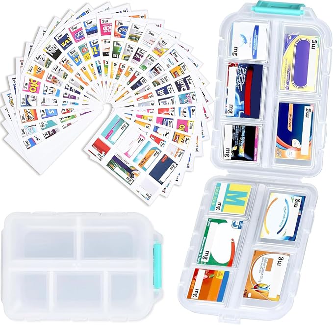 Pill Organizer Travel with 189 Medicine Labels, 10 Compartments Pill Container Travel Pill Box Purse Pill Case Compact Pill Organizer (White, 1 Pack)