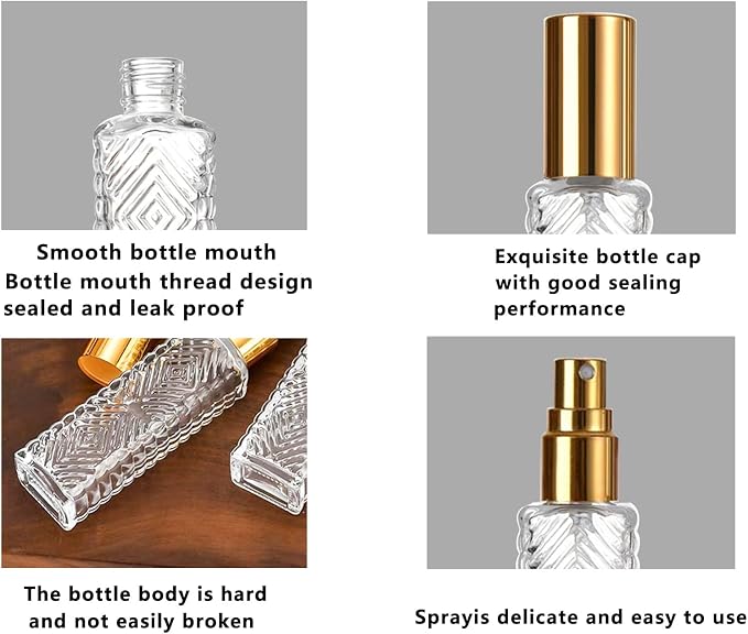 8pcs Refillable Mini Atomizer Bottles, Square Glass, Travel Essential Oil Spray Bottle, with Perfume Dispenser (15ML/A-Gold)