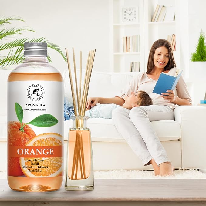 AROMATIKA Orange Reed Diffuser Refill 17 Fl Oz (500ml) - Room Fragrance Diffuser with Natural Essential Orange Oil - Best for Aromatherapy - Home - Kitchen - Office