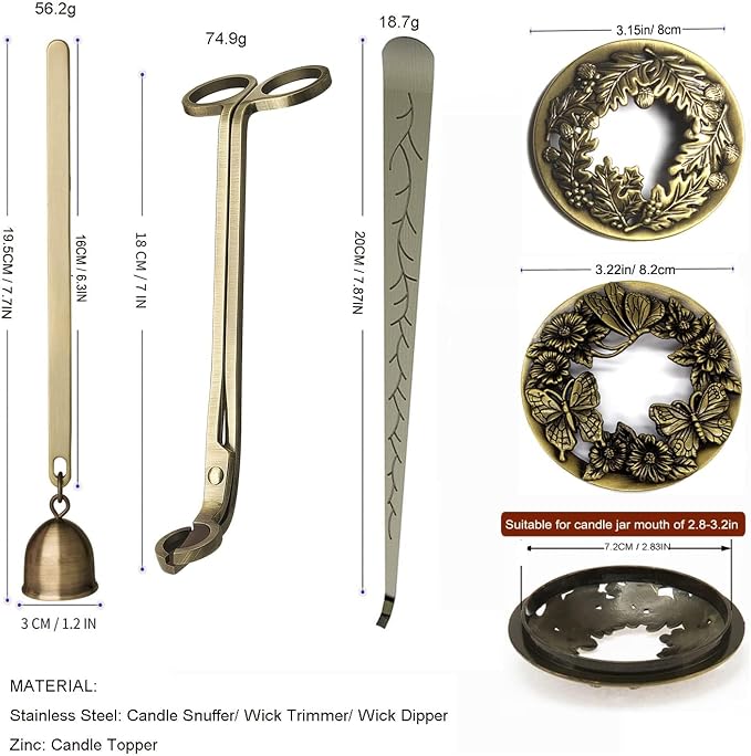5 Pieces Candle Care Kit with Gift Box, Including Wick Trimmer、Candle Snuffer、2 Candle Toppers and Wick Dipper, Antique Brass Accessories Set for Candle Maintenance & Decoration (Antique Brass)