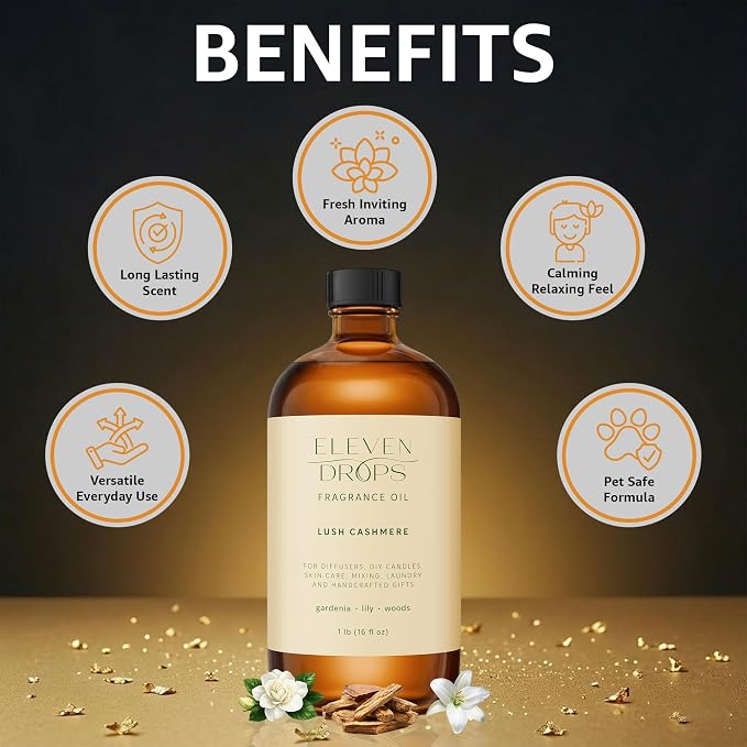 Lush Cashmere Fragrance Oil | Gardenia, Lily & Woods Notes | Long Lasting Scent Reed Diffuser Oil for Home, Office, Hotel, Spa, Car & Linen Spray | Pet Friendly IFRA Compliant, 16 oz
