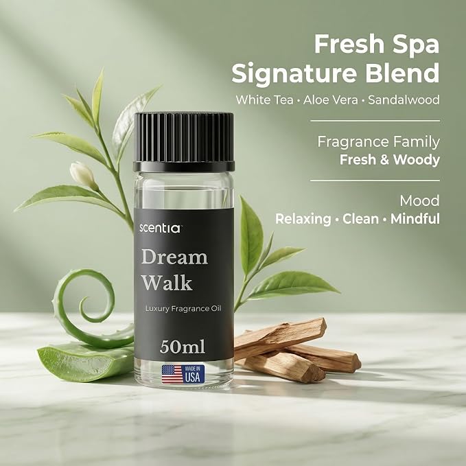 Scentia Dream Walk Hotel Scent Diffuser Oil – Luxury Fragrance Inspired by 5-Star Spa Resort – 50 mL – White Tea, Cedarwood & Amber Essential Oil Blend for Home, Office & Aromatherapy Diffusers