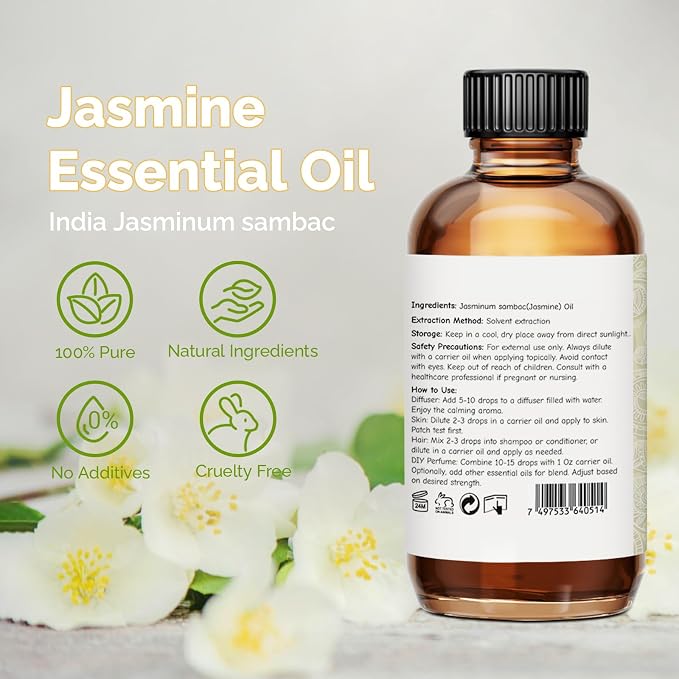 GM Gumili Jasmine Essential Oil 2 Oz, 100% Pure Jasmine Oil for Diffuser, Skin, Hair, Body & Face, Perfume, Floral Scent for Relaxation, Aromatherapy & Massage