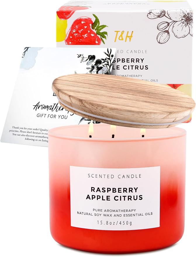 Raspberry Apple Citrus 3-Wick Soy Candle | 15.8 oz Large Scented Candle for Home | Clean Burn Long Lasting | Fruity Citrus Spice Scent | Gift Ready