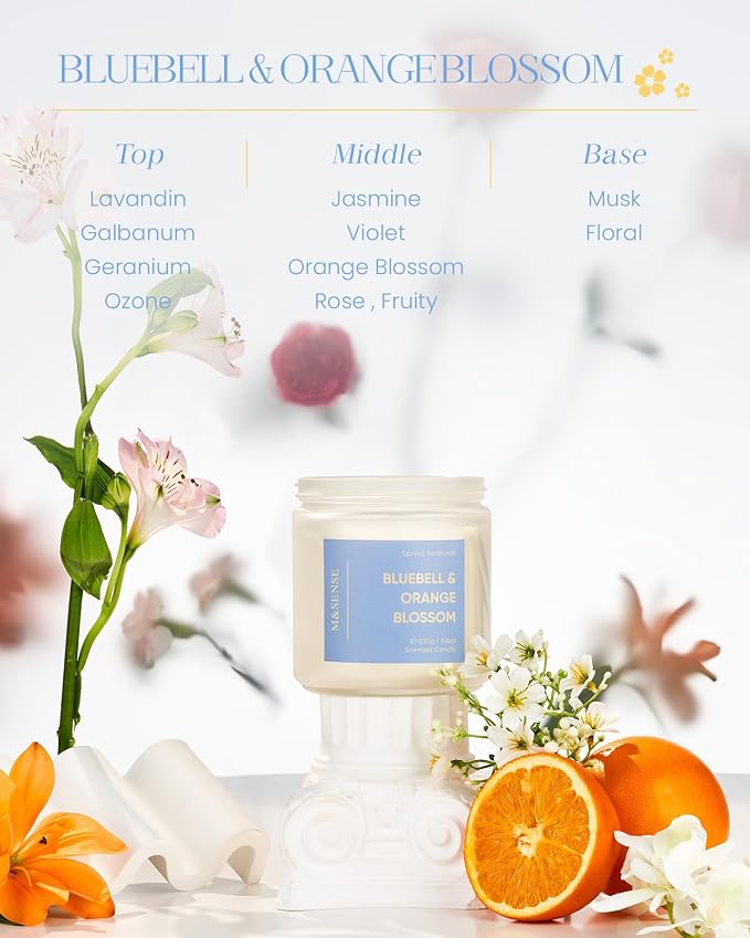 M&SENSE Bluebell Orange Blossom Scented Candle | 11.6oz Natural Soy Wax, 70-Hour Burn Time, Non-Toxic 2-Wick Candle for Home Refresh, Spring Decor & Self-Care Gifts