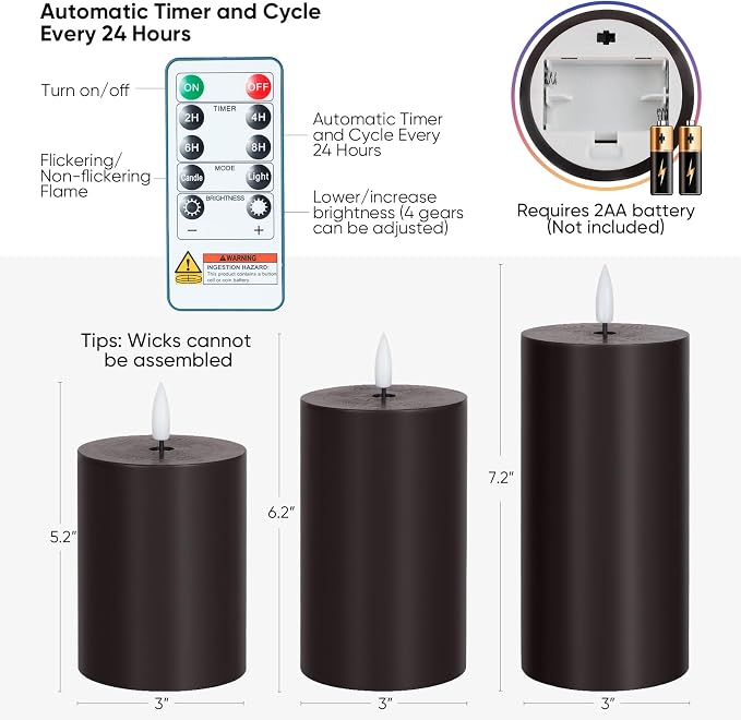 Homemory Halloween Black Flameless Candles Battery Operated with Remote Timer, Real Wax LED Pillar Candle for Halloween Decoration Indoor and Home Decor Gifts, H456, Set of 3