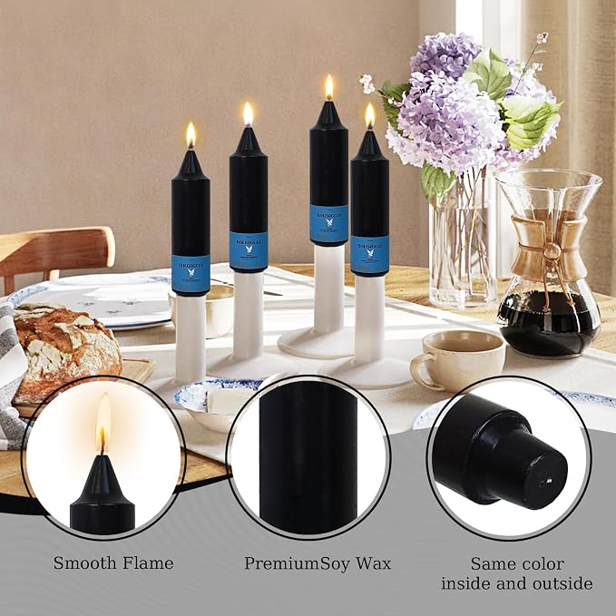 Smokeless Candlesticks Short Taper Candle,Unscented 5 Inches Black Candle Sticks Dripless Tapered Candles for Home Décor Festive (4pcs-Black)