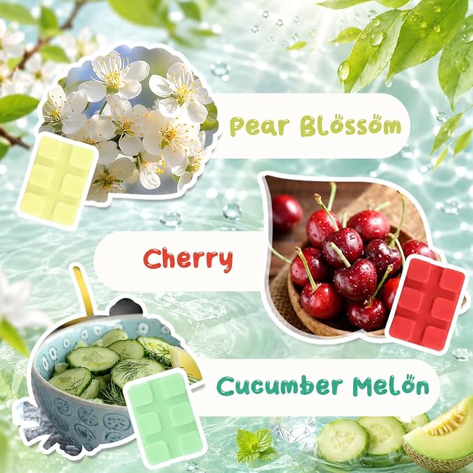 SCENTORINI Wax Melts, Scented Wax Cubes for Wax Warmers, Summer Scent Wax Melts, Coconut Beach, Pear Blossom, Cherry, Cucumber Melon, Pineapple, Energizing Citrus, 6 Pack