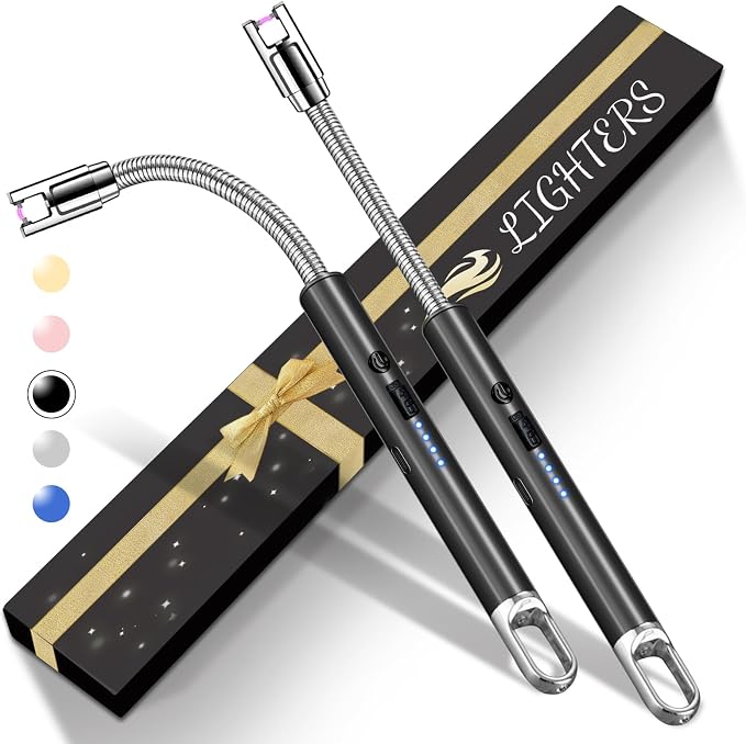 2 Pack Electric Candle Lighters, USB Rechargeable Lighter with Windproof Flameless & Extended Handle, Suitable for Candles, BBQ, Camping, Gas Stove, Festivals Gift (Black, 2 Packs-A)