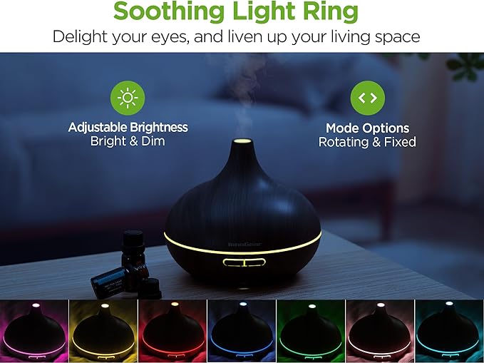 InnoGear Aromatherapy Diffuser & 10 Essential Oils Set, 400ml Diffuser Ultrasonic Diffusers for Home Cool Mist Humidifier with 4 Timers 7 Colors Light Waterless Auto Off, Dark Wood Grain