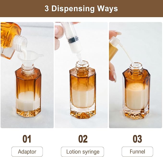 1oz Travel Pump Bottle, 30ml Gradient Glass Liquid Dispensing Bottle with 3 Transfer Tools, Leak-Proof Small Refillable Makeup Containers for Toiletries, Lotion, Essential Oils (Coffee Gradient)