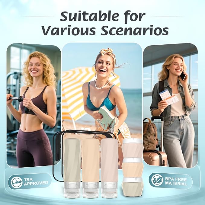 6Pcs Travel Bottles for Toiletries, TSA Approved Travel Size Toiletries Containers Set, BPA-FREE Silicone Leak Proof Refillable Bottles and Jars, Women & Men Airplane Cruise Essentials Kit(CREAM)