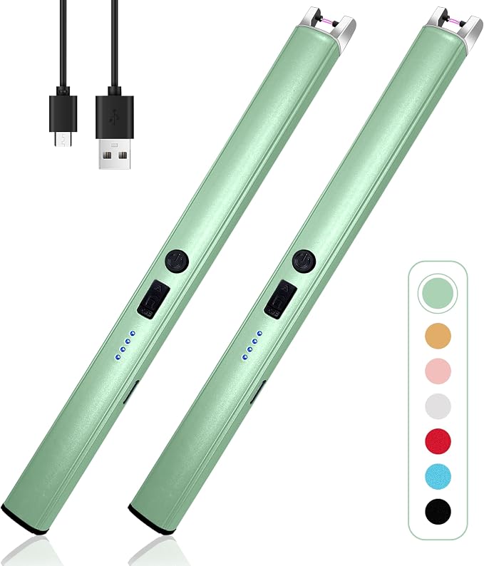 2 PCS Candle Lighter,Windproof Flameless Electric Lighter with LED Power Display ＆ Safety Switch, Upgraded Plasma USB Rechargeable Lighters for Birthday Camping BBQ (Green)