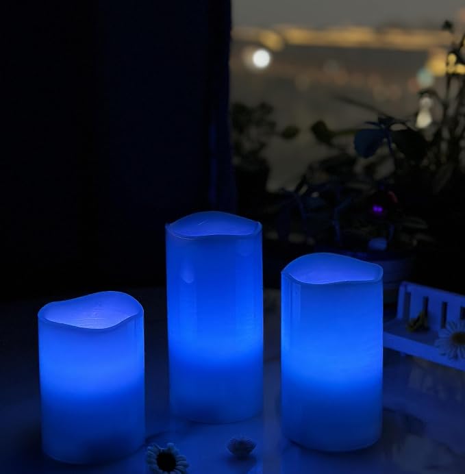 Adoria Blue Flameless Candles Set of 3- Real Wax Pillar Candles Battery Operated with Remote and Timer - Dia 3" XH4/5/6“，Ocean Scent,Color Changing for Home Decor. Wedding,Camping, Party