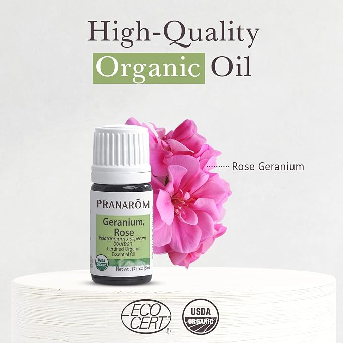 Pranarom USDA Certified Organic Rose Geranium Essential Oil (2 Pack of 5ml), 100% Pure Undiluted Therapeutic Grade from Madagascar for Aromatherapy, Diffuser, Skincare, Relaxation, Pure Rose Scent