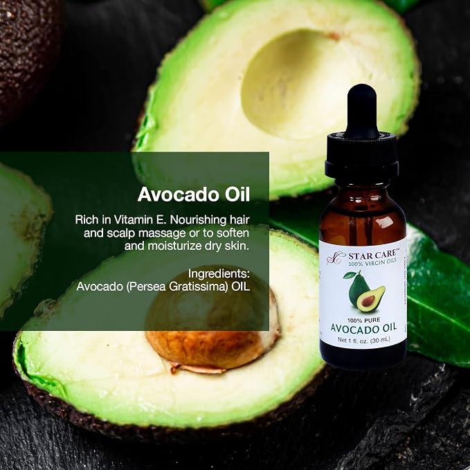 100% Pure Avocado Oil Virgin Moisturizing Oil for Hair, Skin & Body. Rich in Vitamin E & Oleic Acid Premium Cold Pressed Scalp & Massage Oil UV Protected Glass Bottle with Dropper (1 fl oz)