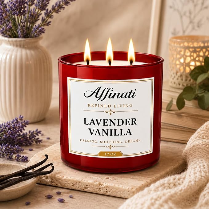 Affinati Lavender Vanilla 3 Wick Scented Candle – Large Soy Blend Candle, Strong Scent Throw Soft Floral Aromatherapy Candle for Relaxation, Premium Clean Burning Luxury Gift