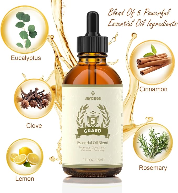 ARVIDSSON Five Guard Essential Oil Blend 4 Fl. Oz (120ml), Guards Essential Oil Blends of Clove, Eucalyptus, Lemon, Cinnamon, Rosemary Oils, A Refreshing Experience for Home
