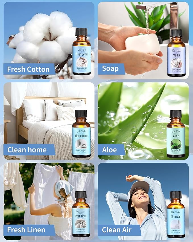 Waterless Essential Oil Diffuser Starter Kit with Clean Scent Fragrance Oils 6 x 30ml, Rechargeable Cordless Aromatherapy Diffuser for Home, Fresh Smelling Air Freshener Gift Set