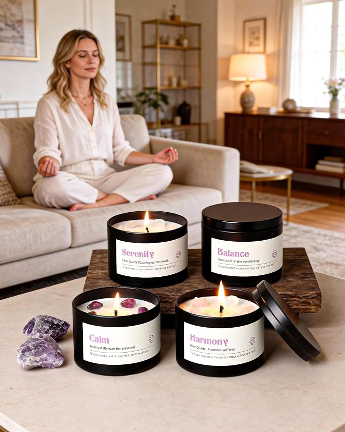 AOOVOO Crystal Soothing Candles Set for Women - 4 Pack 26 oz Soy Wax Candle for Home Scented, 200 Hour Long Lasting Candle, Calm Amethyst/Serenity Clear Quartz/Harmony Rose Quartz/Balance Lapis Lazuli