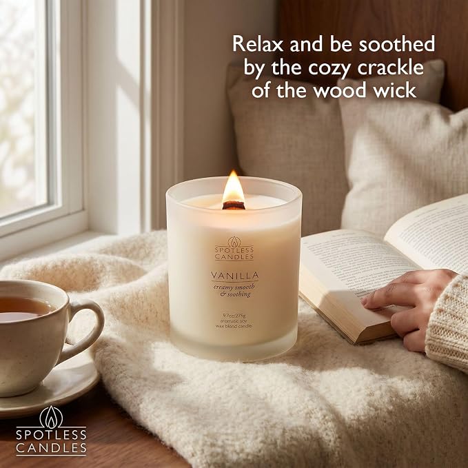 Vanilla Candle; 275g, 55 Hrs Burn Time, Soy Wax White Frosted Jar with Crackling Wooden Wick & Luxury Gift Box: Vanilla Scented Candle by Spotless Candles