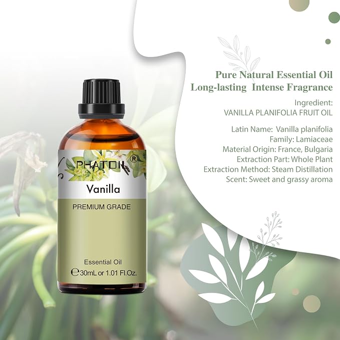 Vanilla Essential Oil, 1.01Fl.Oz (30ML) PHATOIL Pure Essential Oil Singles for Aromatherapy Diffusers, Humidifiers, Great for DIY Candle and Soap Making, Gift for Friend