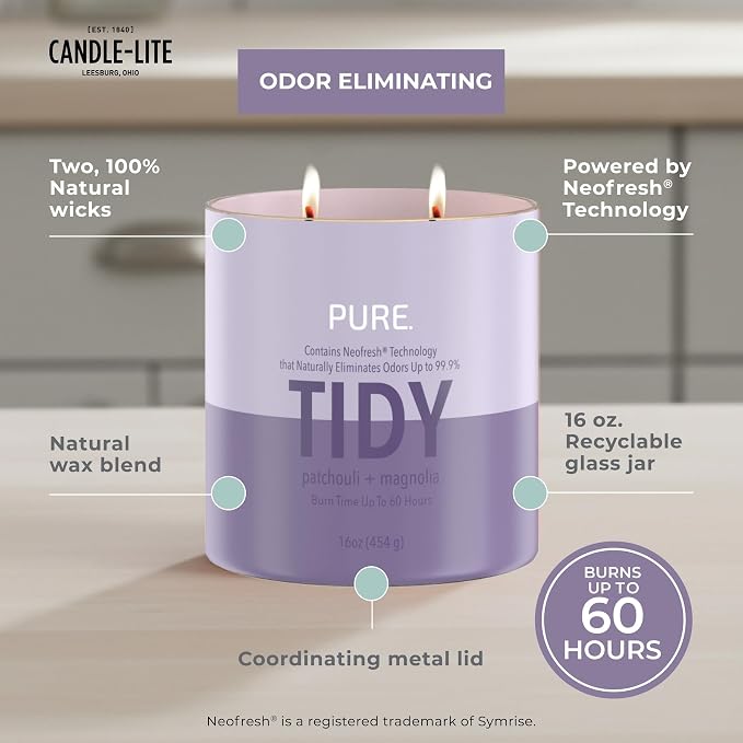 Candle-Lite Pure Patchouli & Magnolia Odor Eliminating Scented Candles, Neofresh Technology Eliminates 99.9% of Odors, 16 oz 2-Wick Jar, Proudly Poured in The USA, Up to 60 Hours Burn Time
