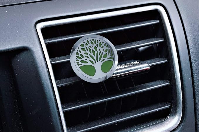 Wild Essentials Tree of Life Essential Oil Car Vent Diffuser, Stainless Steel Locket Pendant with 8 Color Refill Pads, Customizable Color Changing Air Freshener for Aromatherapy