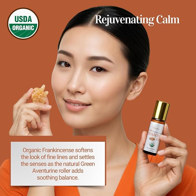 Frankincense Essential Oil Roll On for Calm Anxiety Stress Grounding - 100% Pure USDA Organic MCT Coconut Oil - Soothing Earthy Aroma Anti Aging Skin Care Wellness - Gemstone Roller 10ml Travel Size